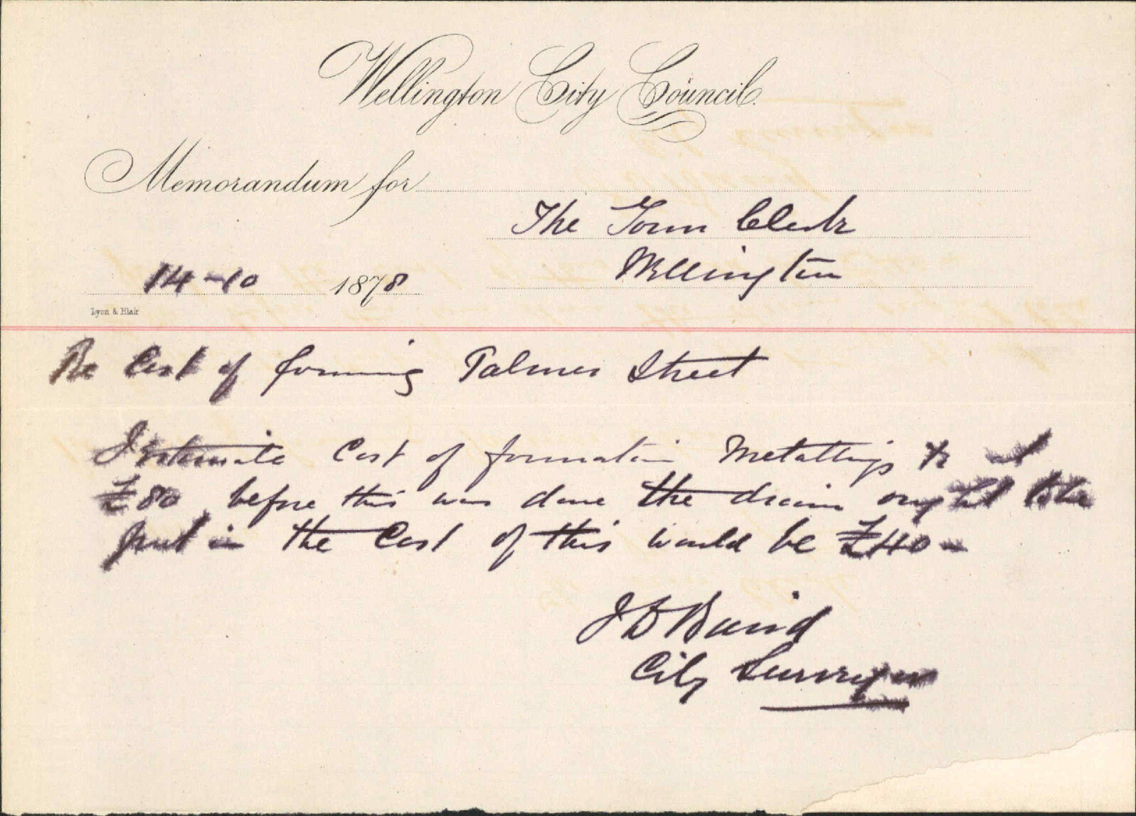 Re memo to Town Clerk re cost of forming Palmer Street - J J Baird (City Surveyor)