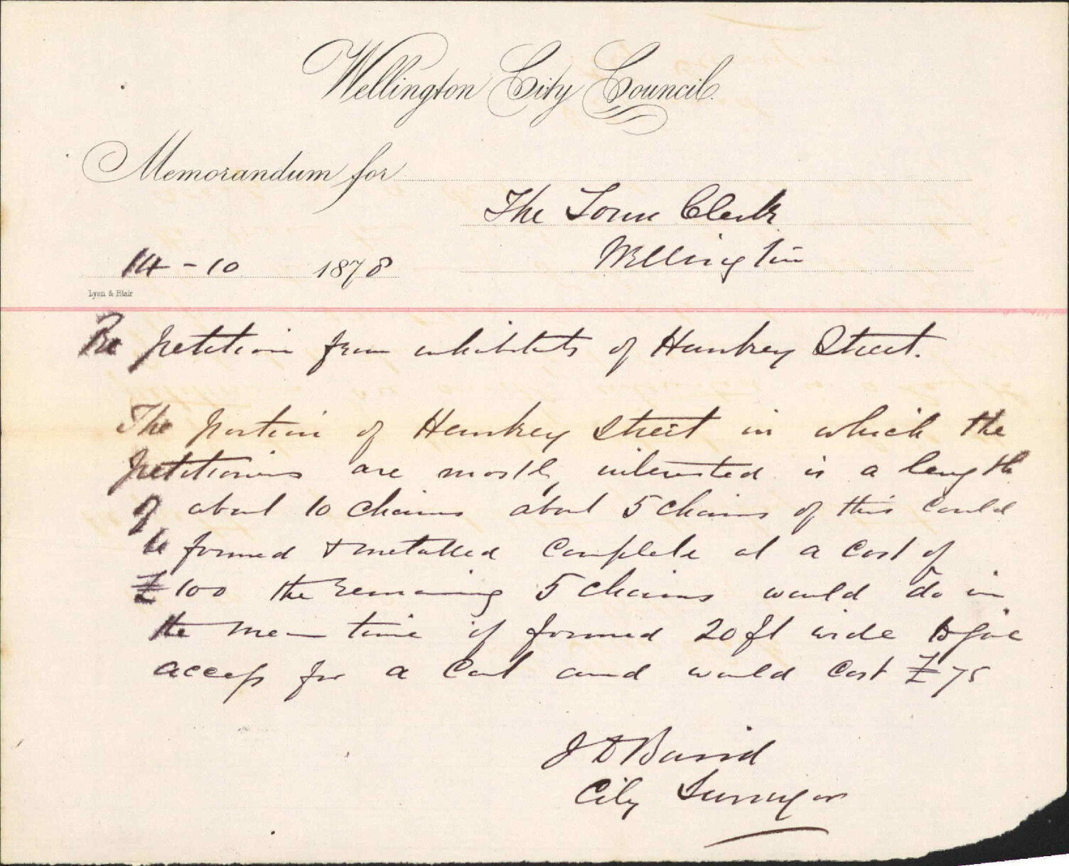 Memo to Town Clerk re petition from inhabitants of Hankey Street - J J Baird (City Surveyor)