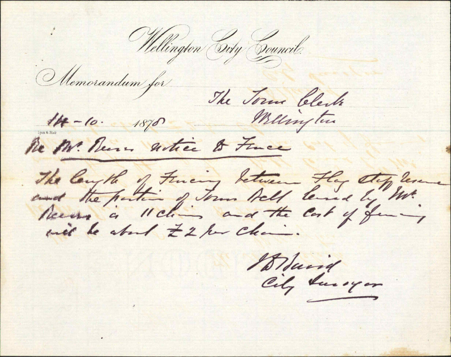 Memo to Town Clerk re Mr Reeves' notice to fence - J J Baird (City Surveyor)
