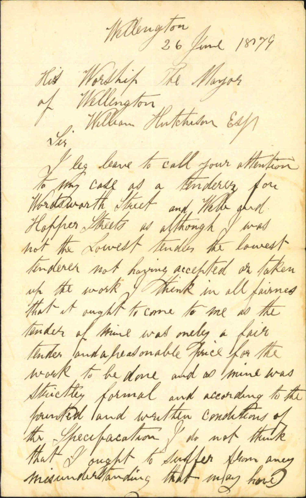 Re query as to why his tender to do roading for Wordsworth, Webb and Hopper Street was not accepted - Robert Lyon