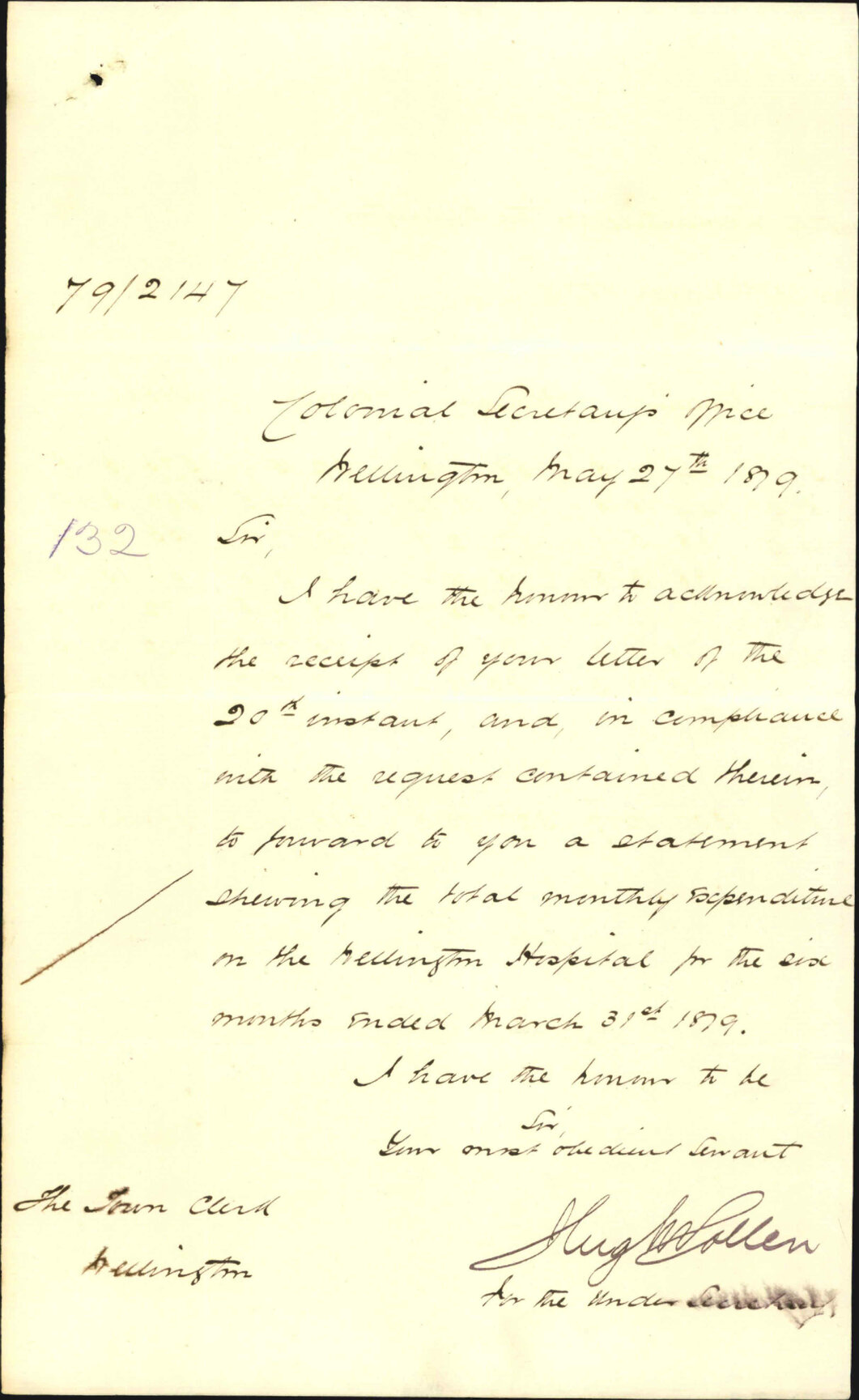 Re statement showing total monthly expenditure at Wellington Hospital - Colonial Secretary's Office