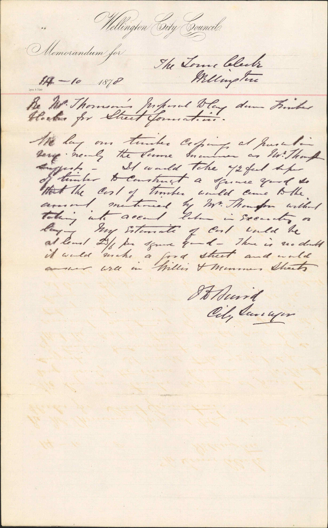 Re memo to Town Clerk re Mr Thompson' proposal to lay down timber blocks for street formation - J J Baird (City Surveyor)