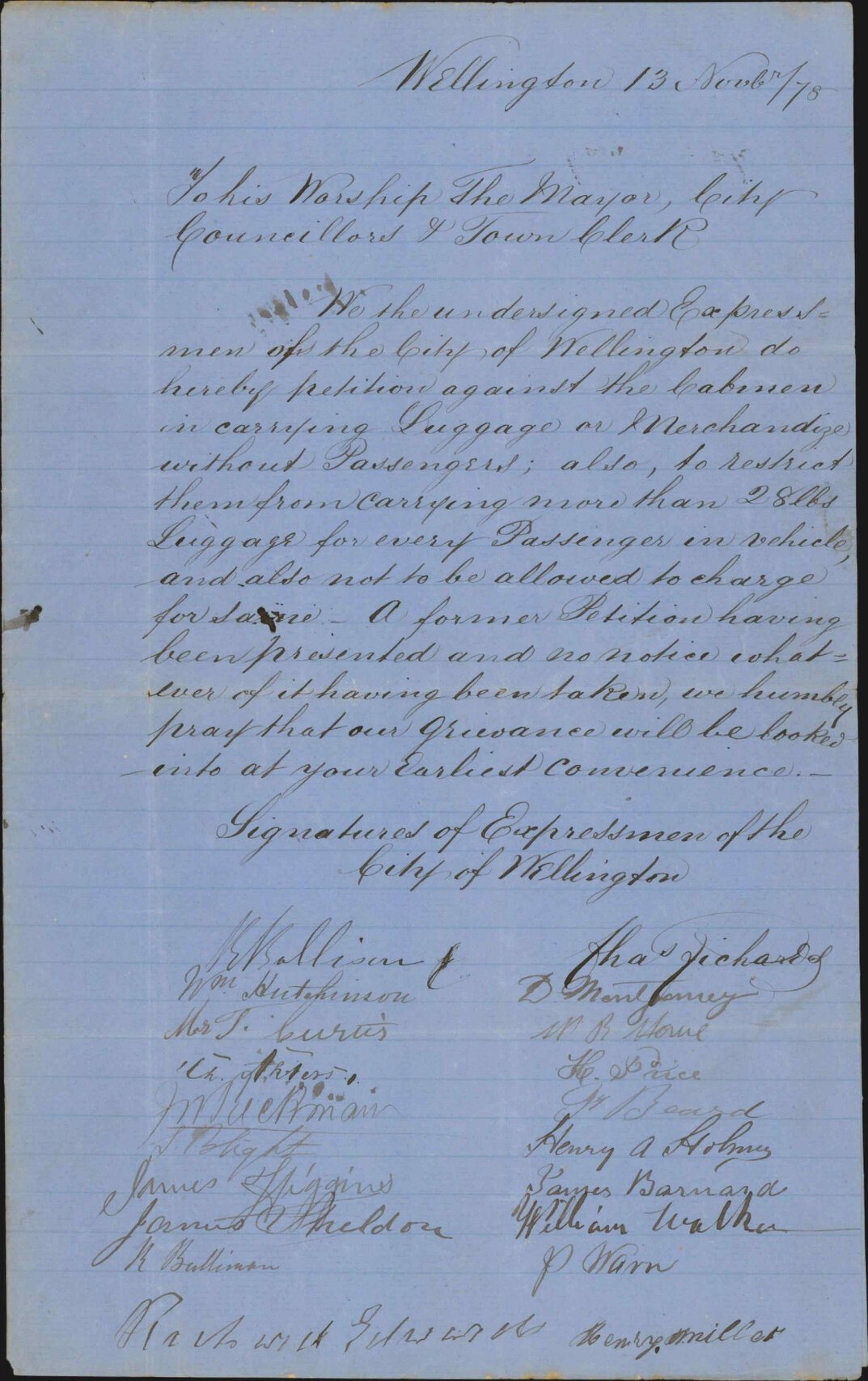 Re petition against cabmen carrying luggage/merchandise without passengers - Expressmen of Wellington City