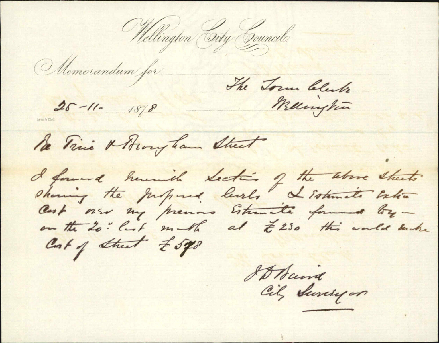 Re memo to Town Clerk re Pirie and Brougham Streets - J J Baird (City Surveyor)