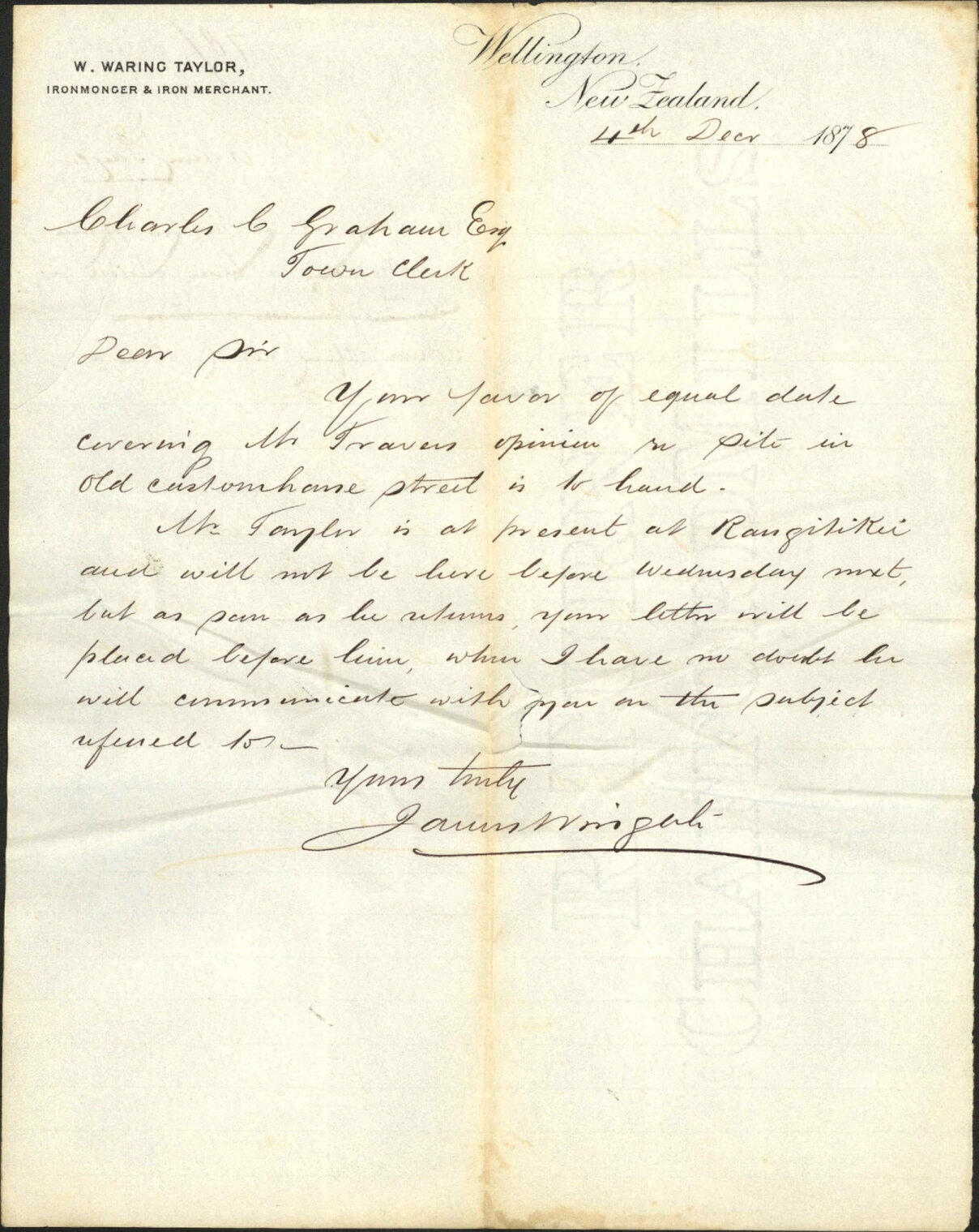 Re acknowledging letter re site in Old Customhouse Street - James Wright