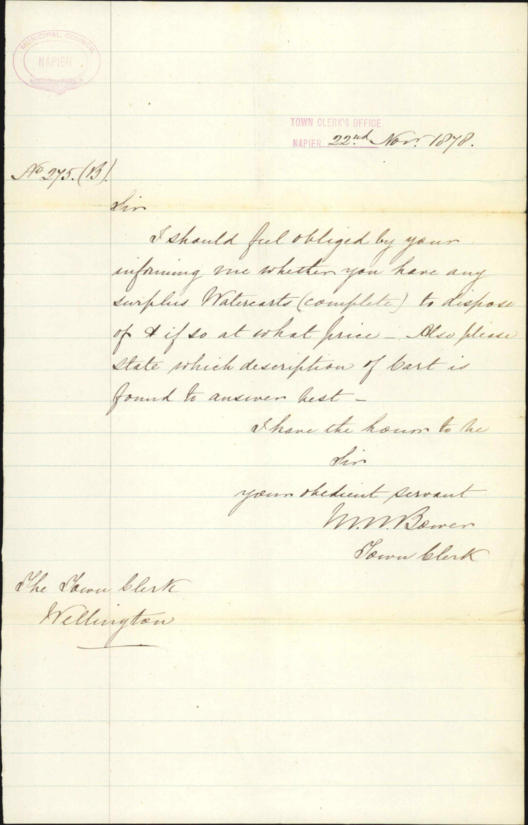 Re asking after surplus water carts - Town Clerk, Napier