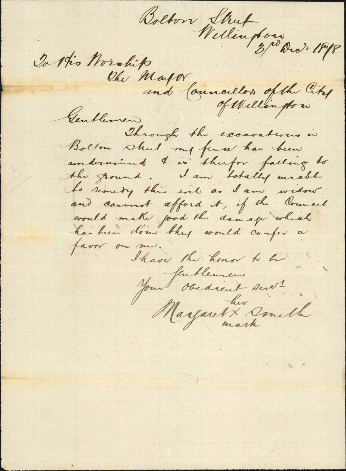Re fence undermined due to excavations in Bolton Street - Margaret Smith