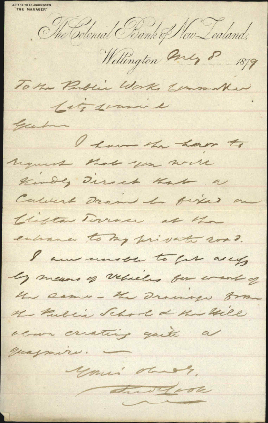 Re request that the drain in Clifton Terrace be fixed - Fred Cook / The Colonial Bank of New Zealand