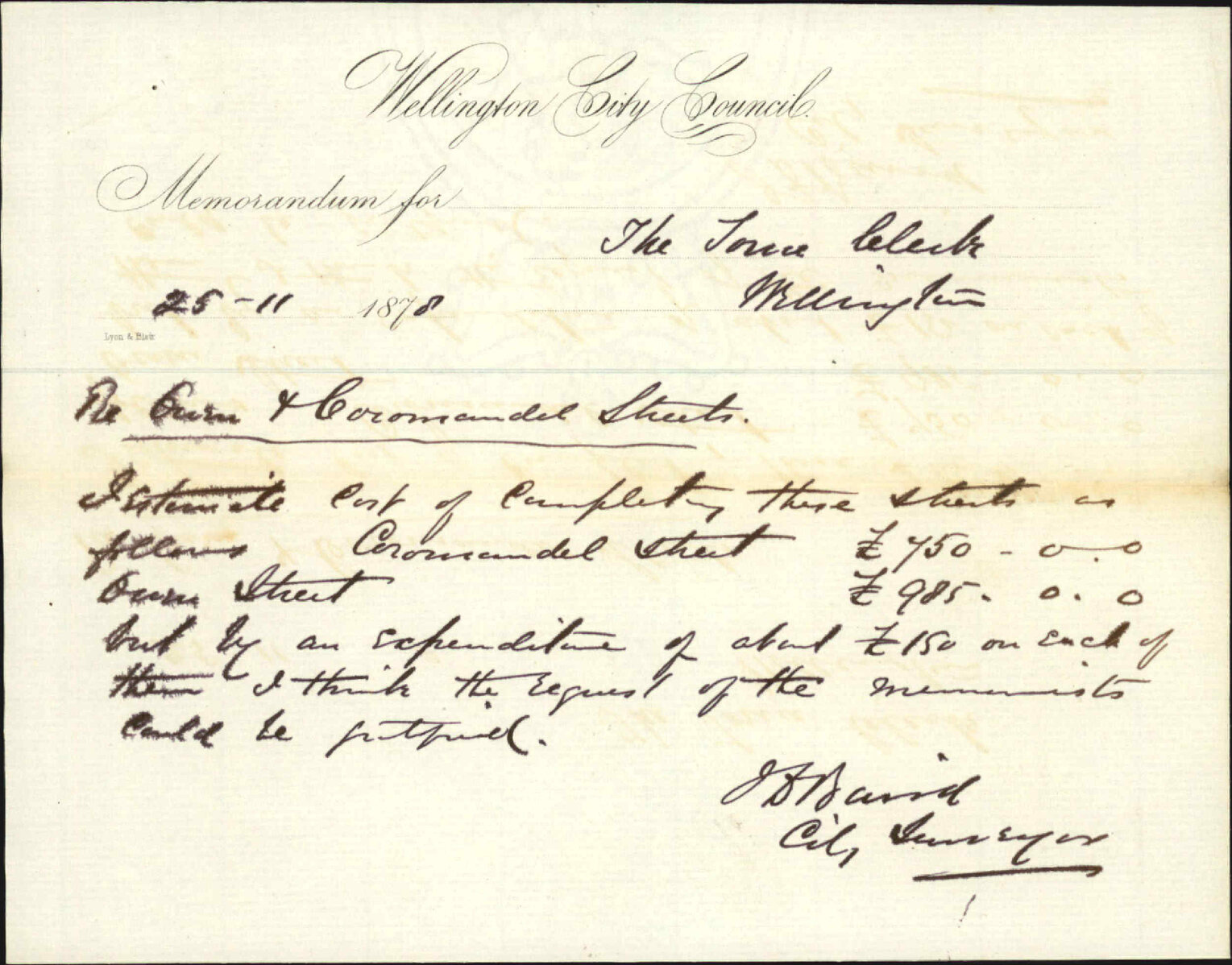 Memo to Town Clerk re Owen and Coromandel Streets - J J Baird (City Surveyor)