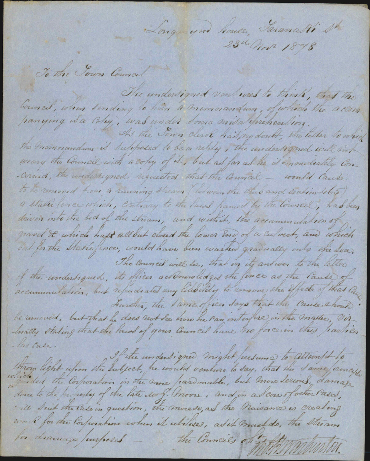 Further re creek at back of Terrace - Thomas Warburton