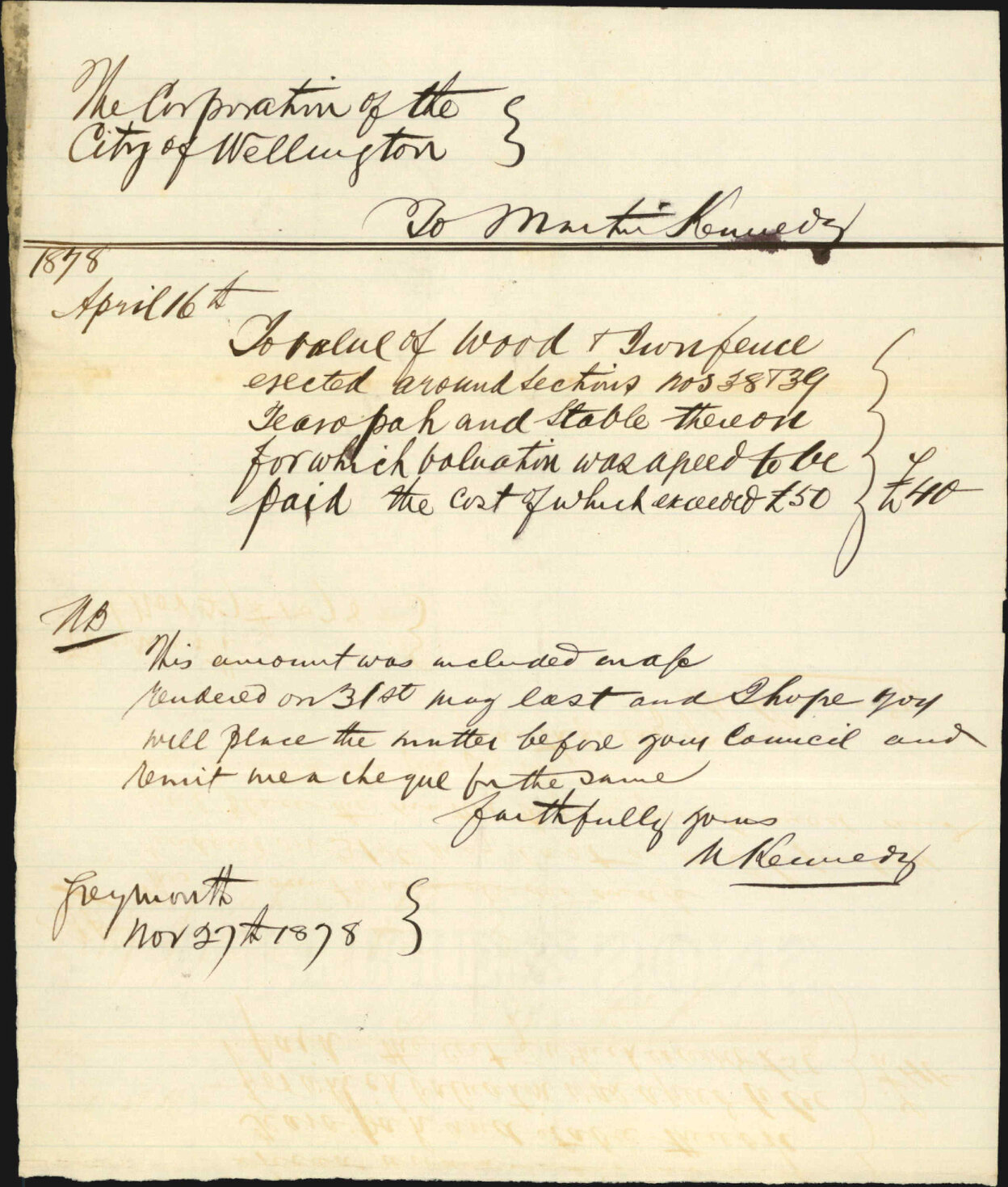 Re account for fence across Town Sections 38 and 39, Te Aro Pah - Martin Kennedy