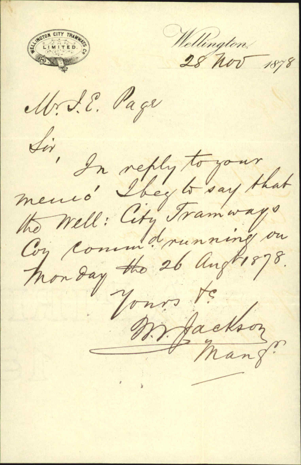 Re with date of opening - Wellington City Tramways Co Ltd