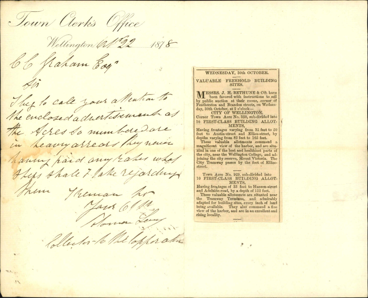 Re means of collecting rates from land about to be sold, Town Acres 350 and 929 - Collector of Rates