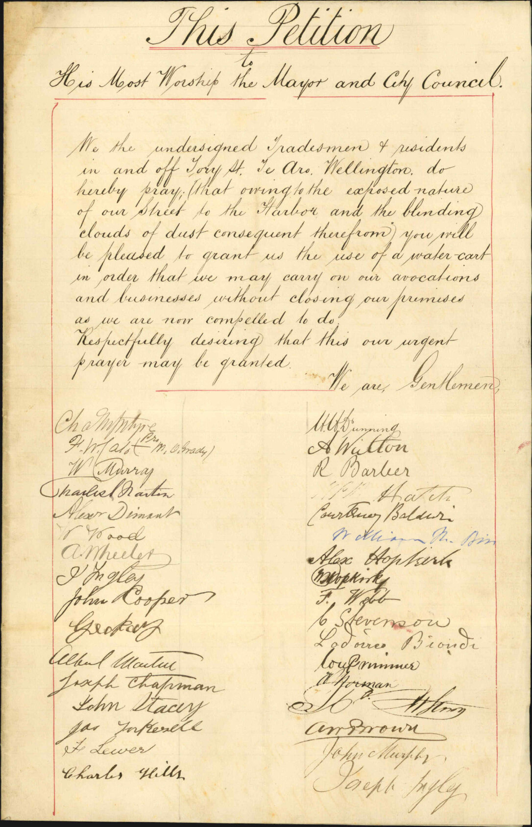 Re asking for the use of a water cart - residents, Tory Street