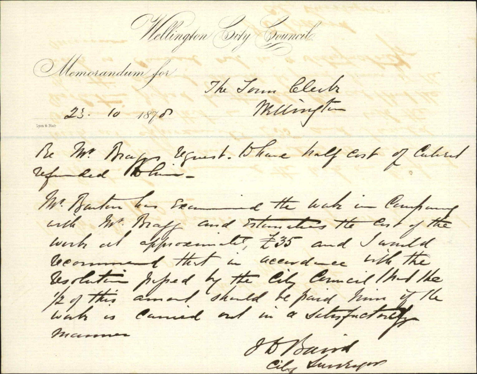Re memo to Town Clerk re Mr Briggs' application for half cost of culvert laid by him - J J Baird (City Surveyor)