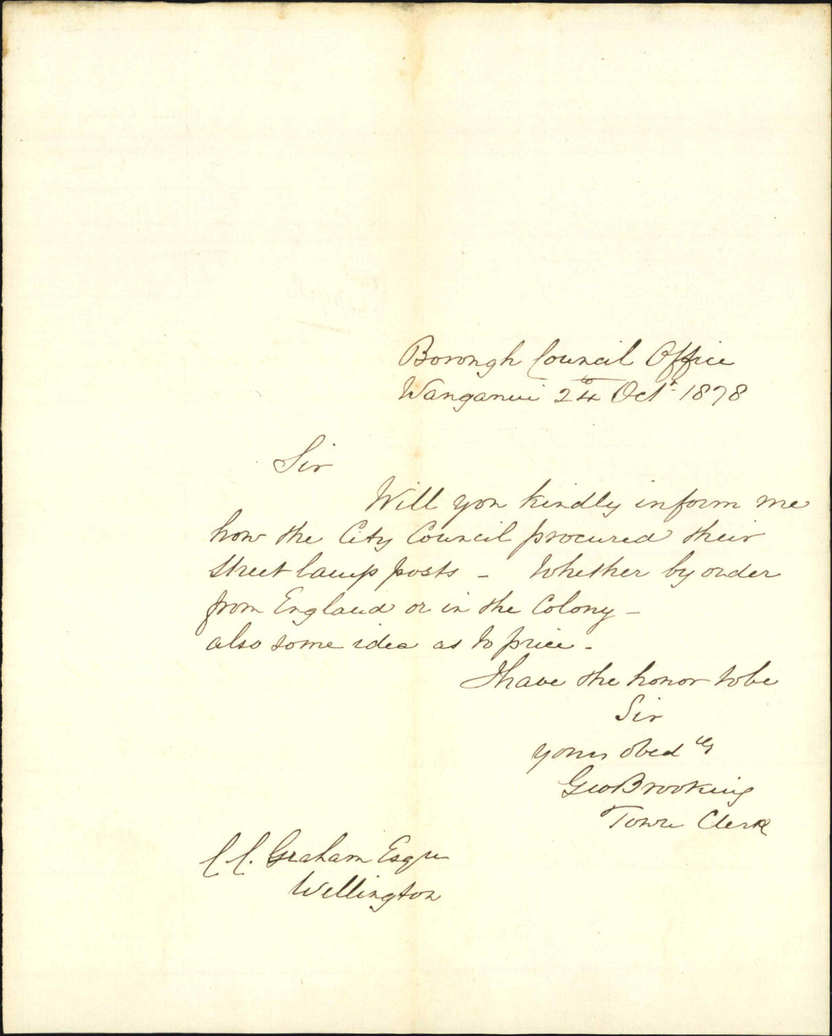 Asking where Wellington City Council [WCC] procured their street lamps - Town Clerk, Wanganui