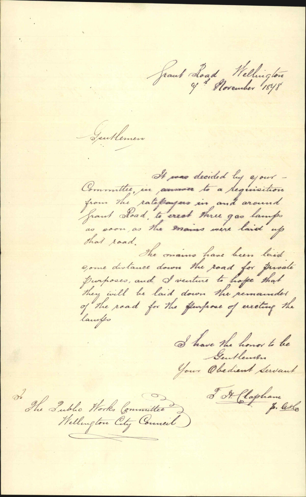 Re asking for installation of gas lamps in Grant Road - F H Clapham
