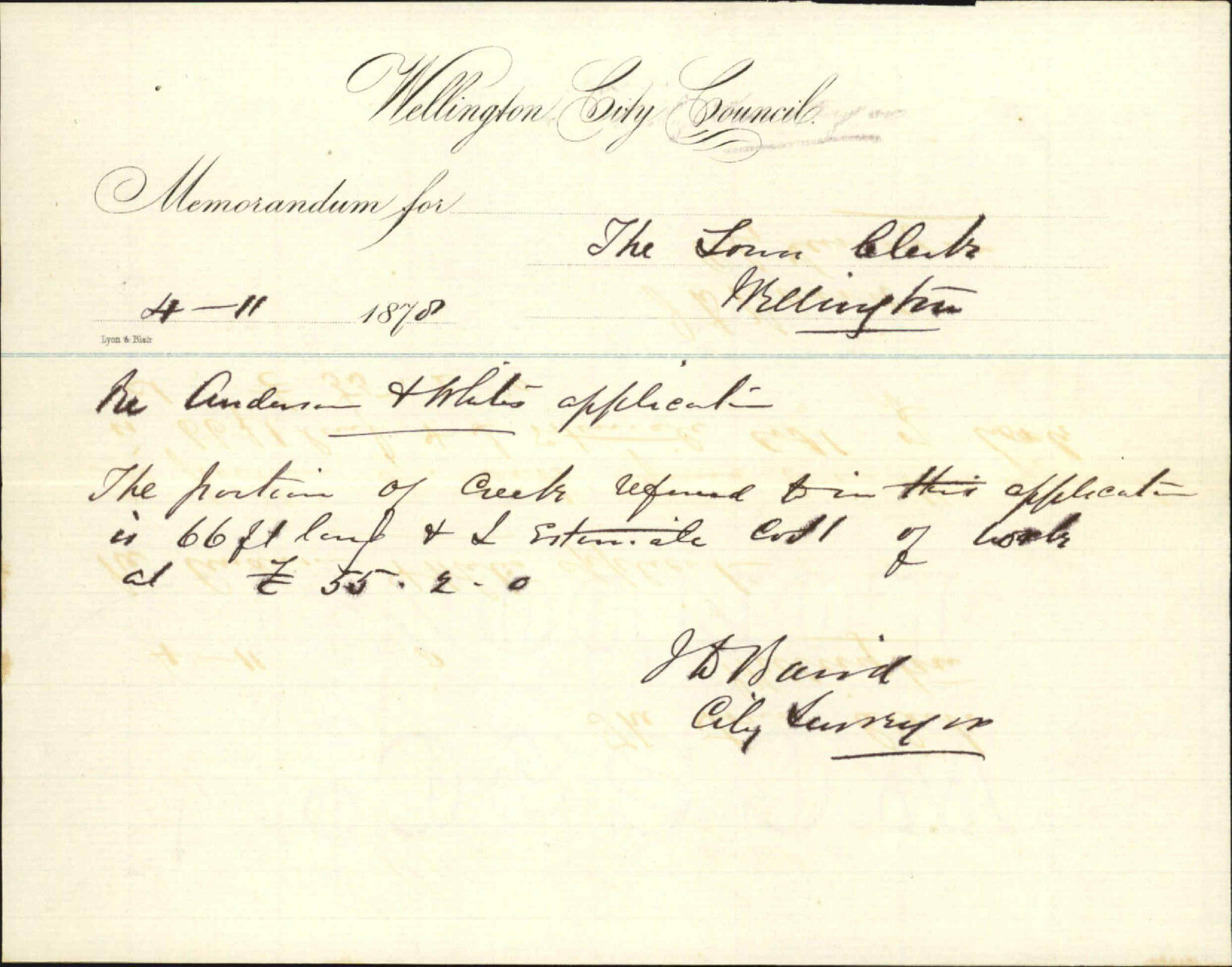Re memo to Town Clerk re Anderson and White's application - J J Baird (City Surveyor)