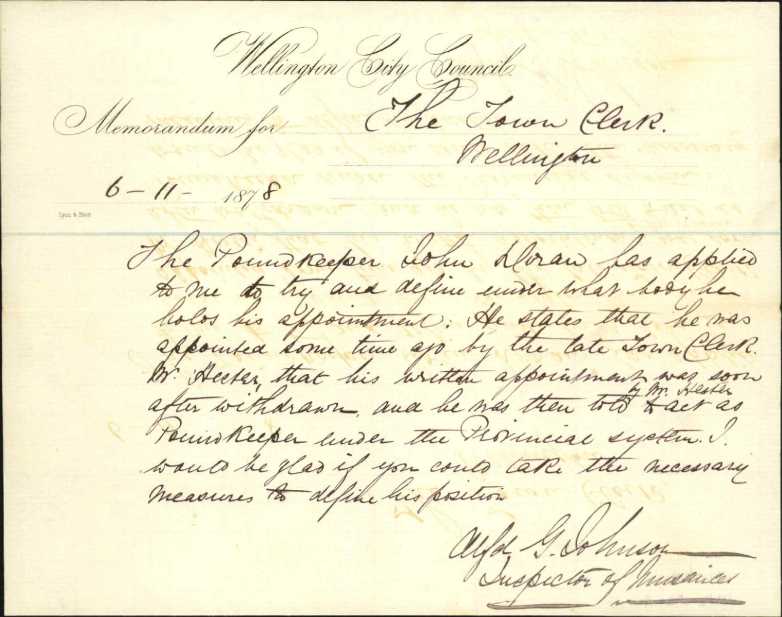 Memo to Town Clerk re appointment of pound keeper - Alfred Johnson (Inspector of Nuisances)