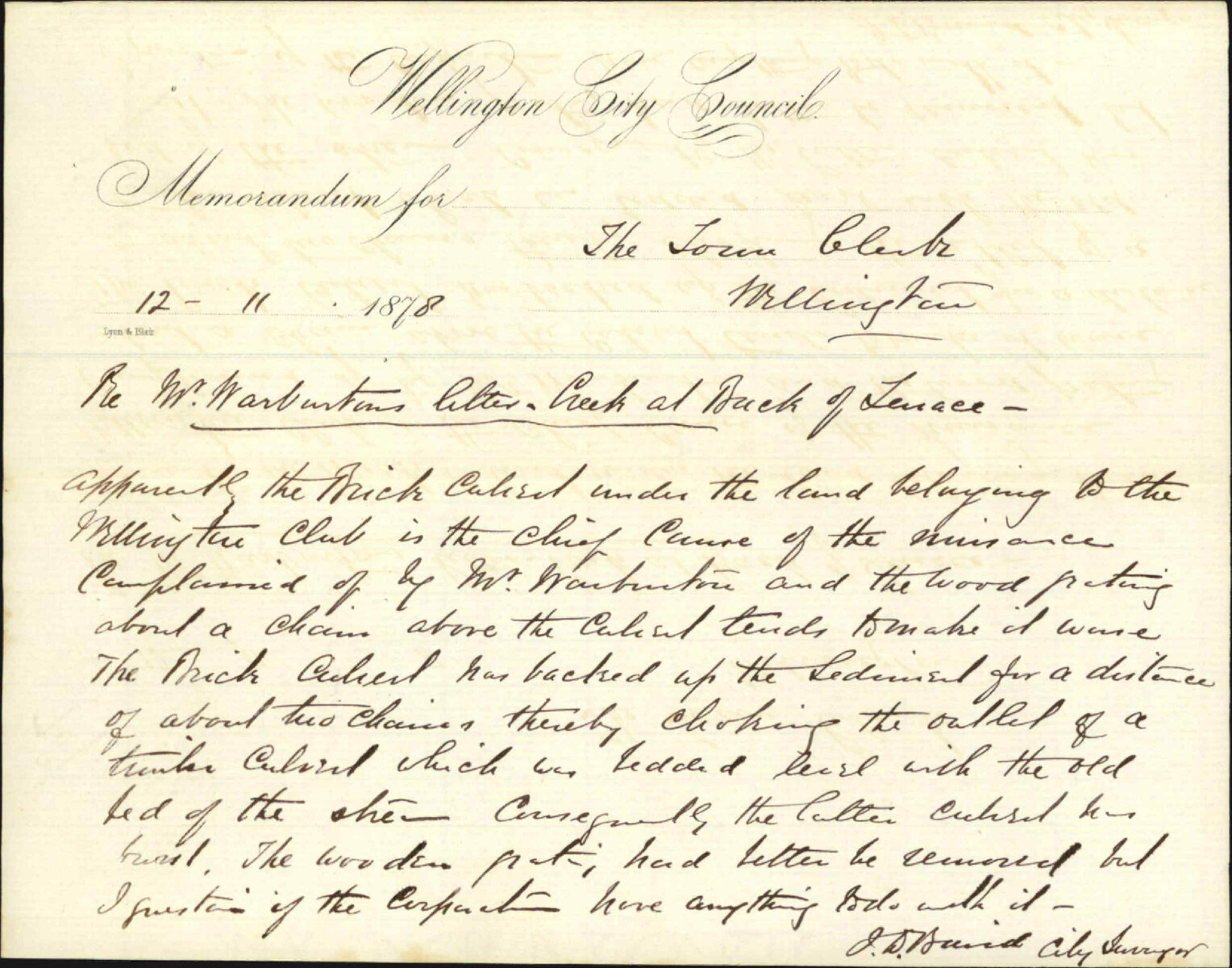 Memo to Town Clerk re Mr Warburton's letter, creek at back of Terrace (78/1303) - J J Baird (City Surveyor)
