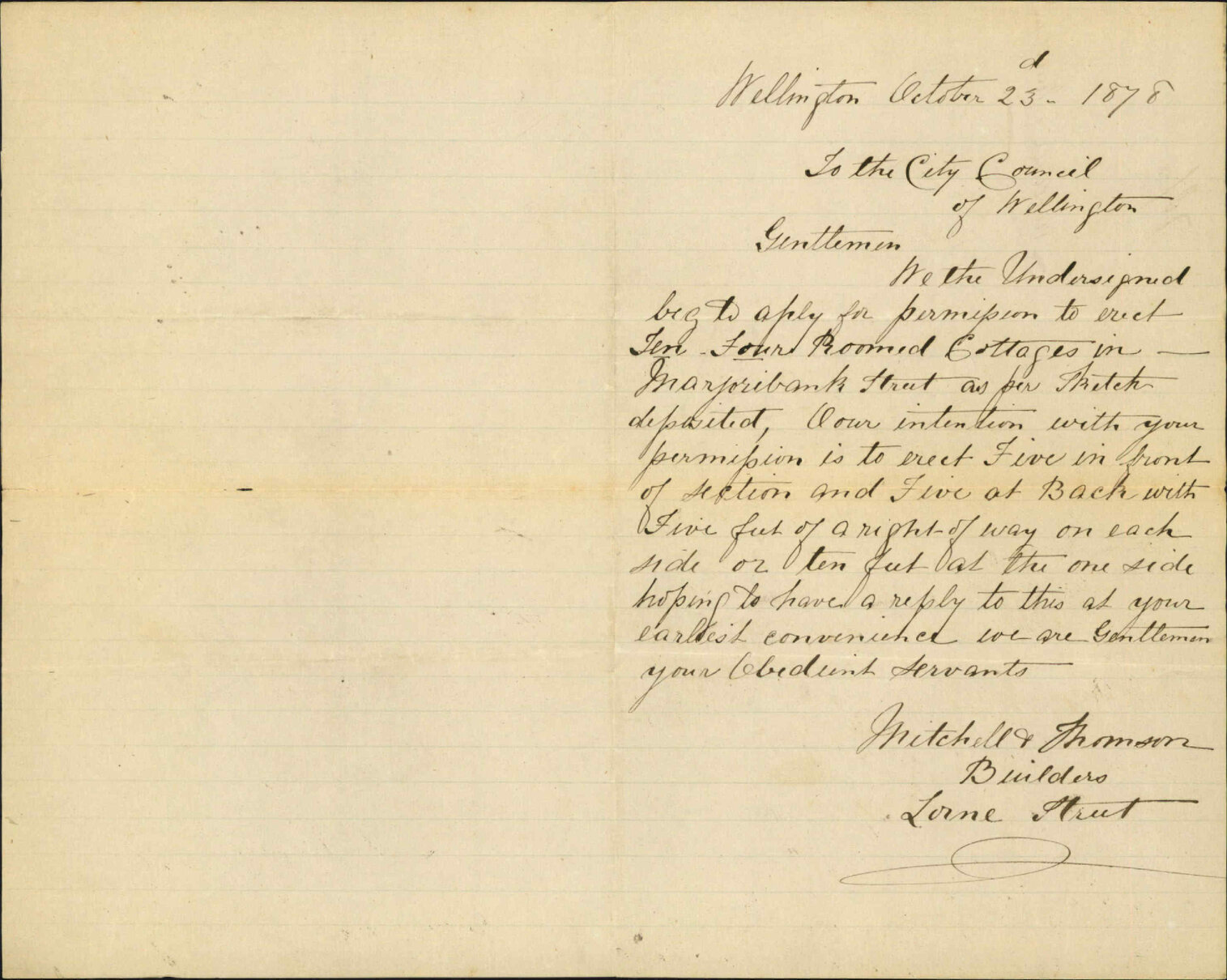 Asking permission to erect ten cottages with right of way, off Majoribanks Street - Mitchell and Thomson