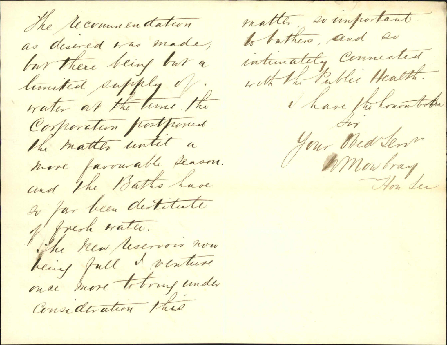 Re water to Thorndon Baths - W Mowbray (Thorndon Bathing Co)