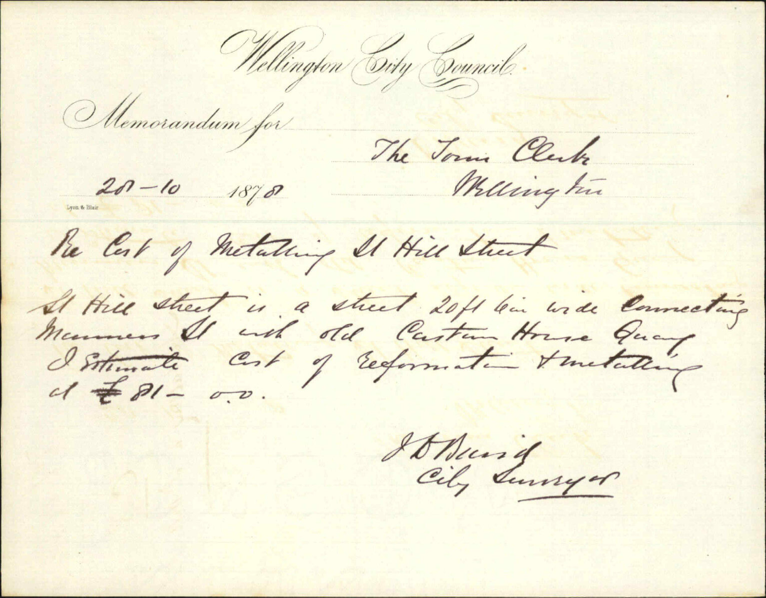 Memo to Town Clerk re cost of metalling St Hill Street - J Baird (City Surveyor)