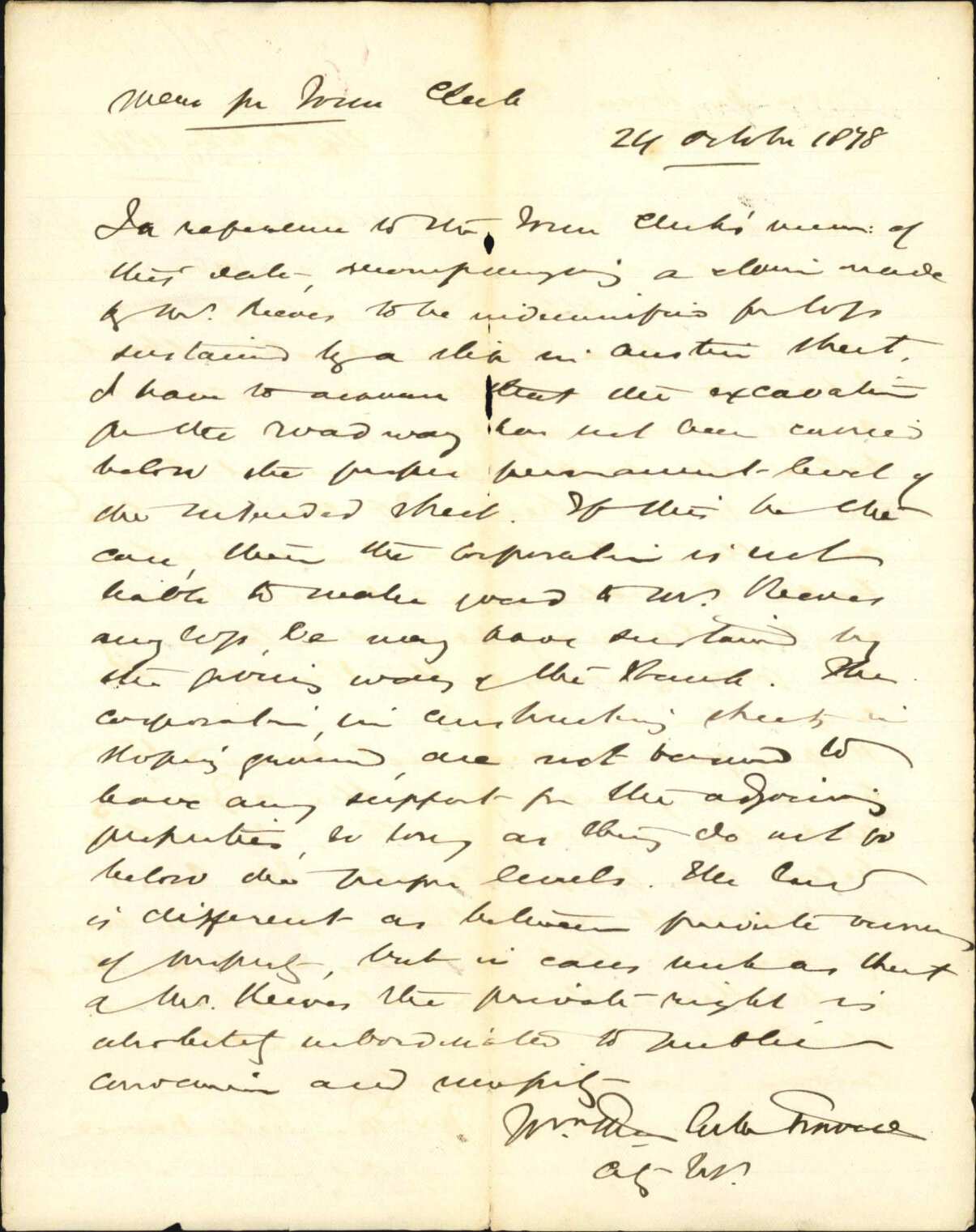 Memo to Town Clerk re Reeves' claim, land slip, Austin Street - City Solicitor