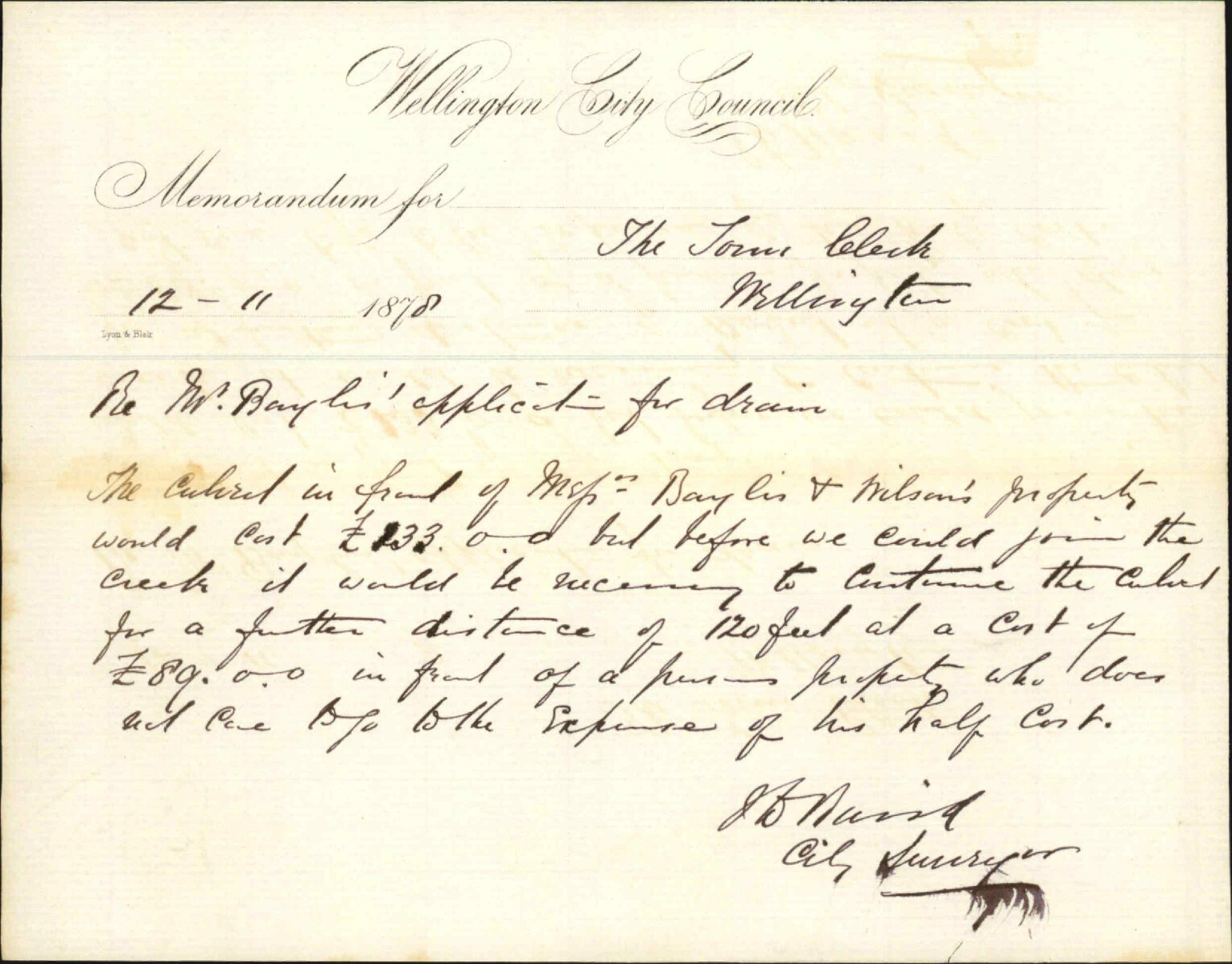 Re memo to Town Clerk re Mr Baylis' application for drain - J J Baird (City Surveyor)