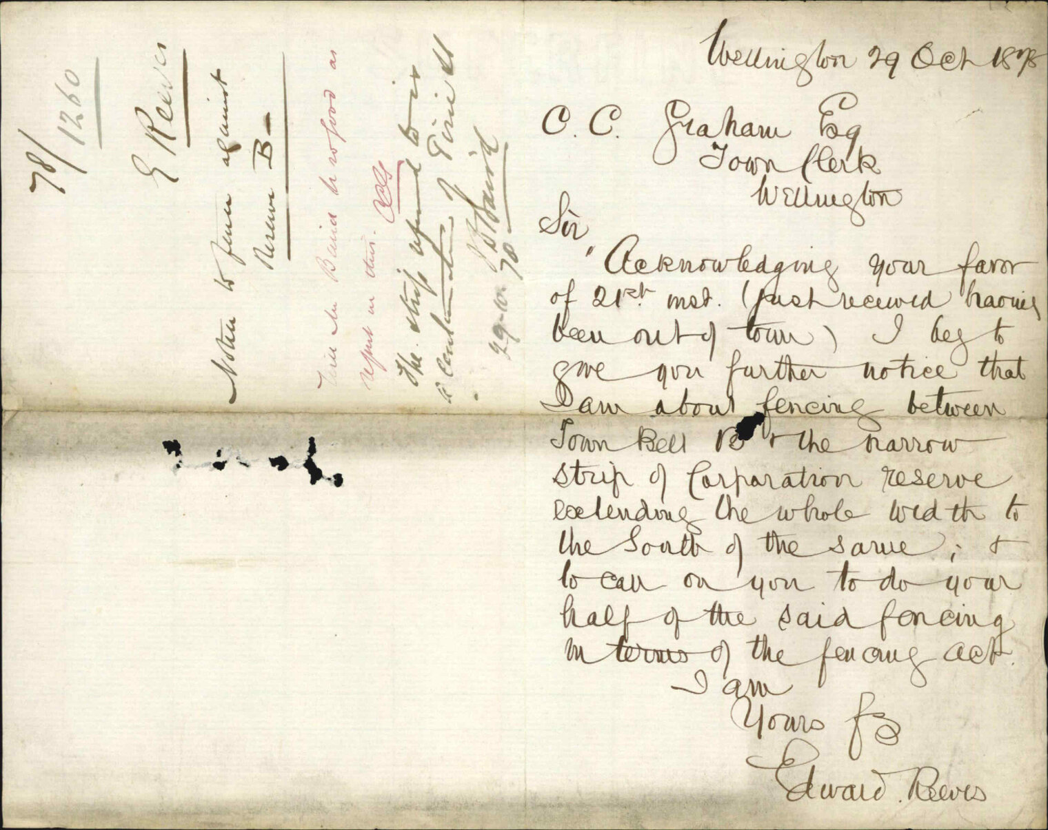 Re notice to fence against Town Belt Reserve B - Edward Reeves