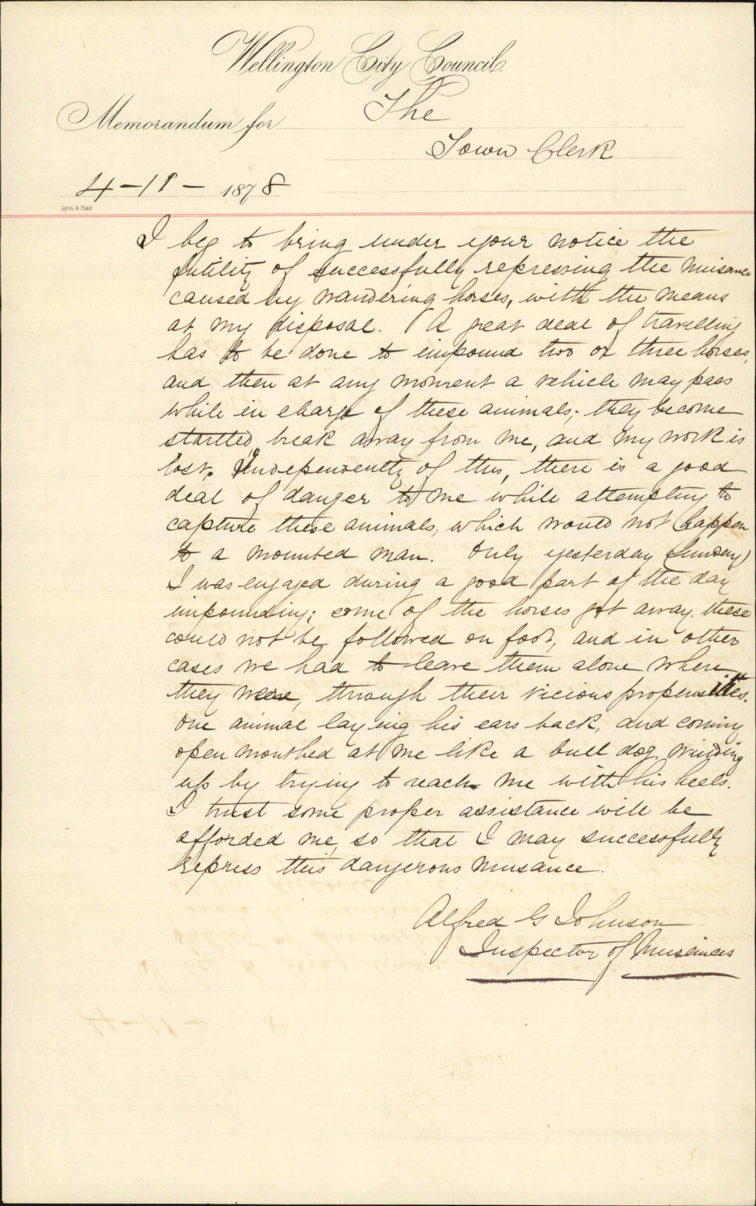 Re report re meandering horses at large - Alfred Johnson (Inspector of Nuisances)