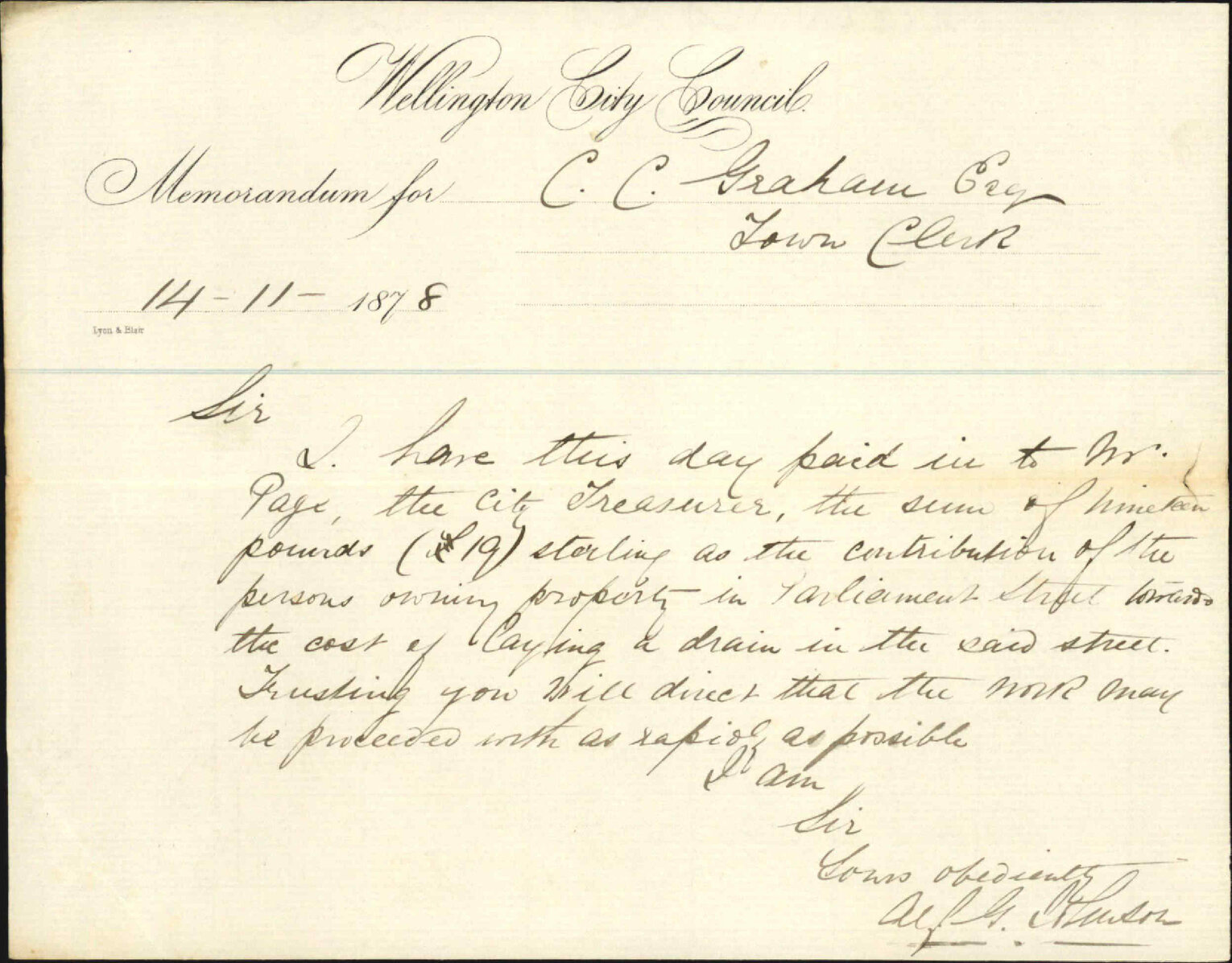 Re enclosing contribution towards drain, Parliament Street - Alfred Johnson (Inspector of Nuisances)
