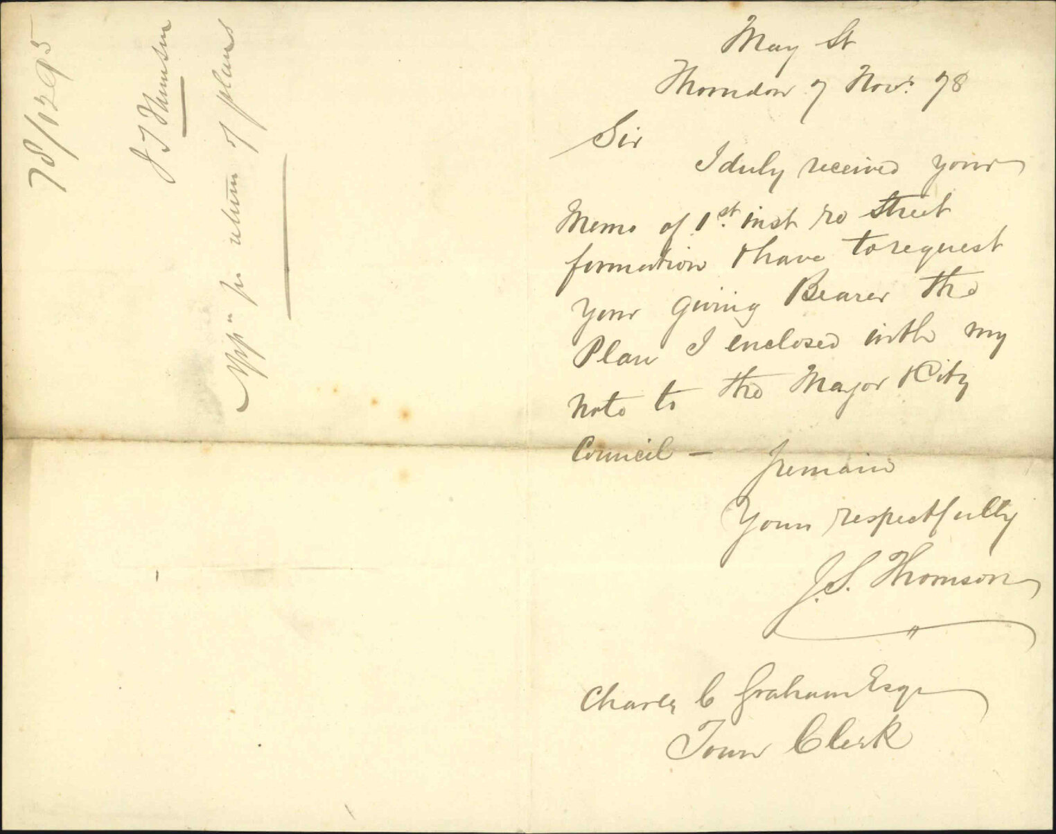 Re asking for return of plans re street formation - J S Thomson