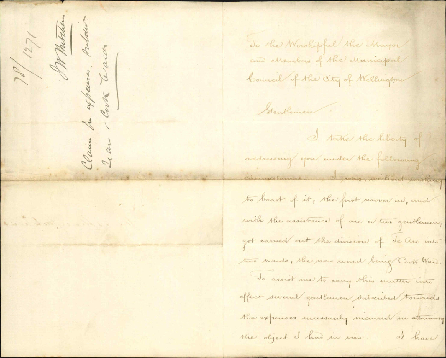 Re claim for expenses, subdivision of Te Aro and Cook Wards - James Henry Hutchens