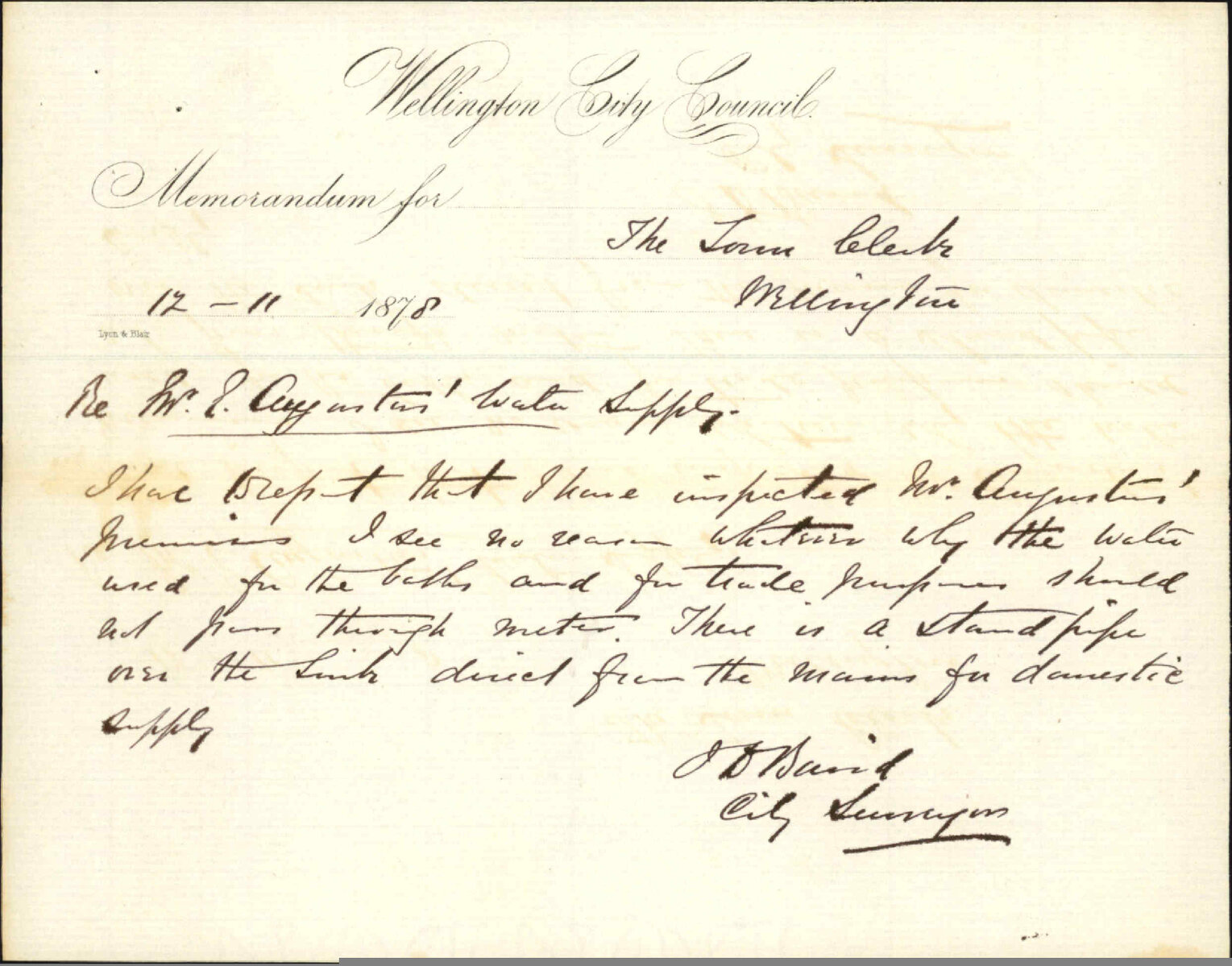Re memo to Town Clerk re Mr Augustus' water supply - J J Baird (City Surveyor)