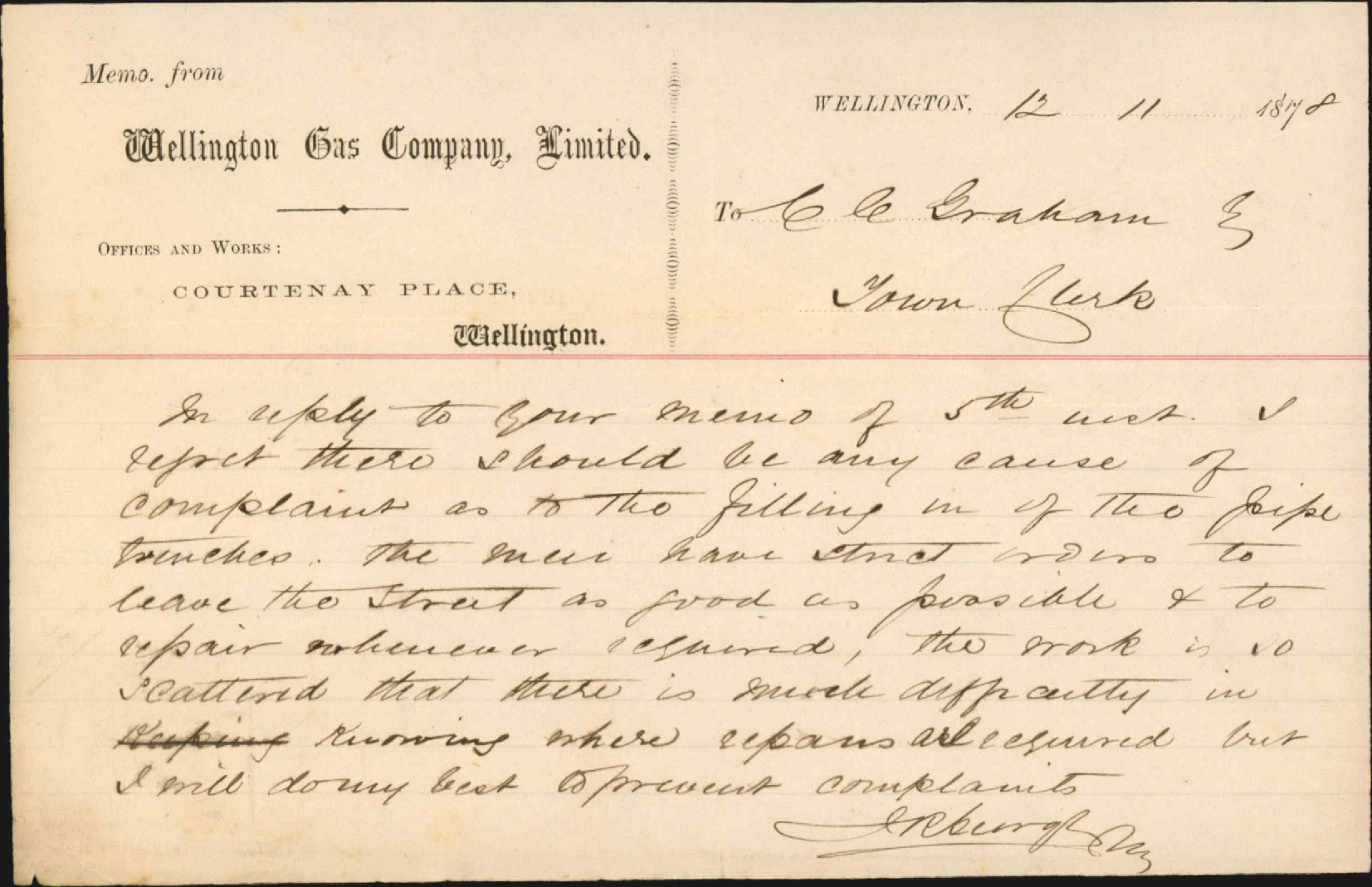 Re complaint against gas company re filling pipe trenches - Wellington Gas Company
