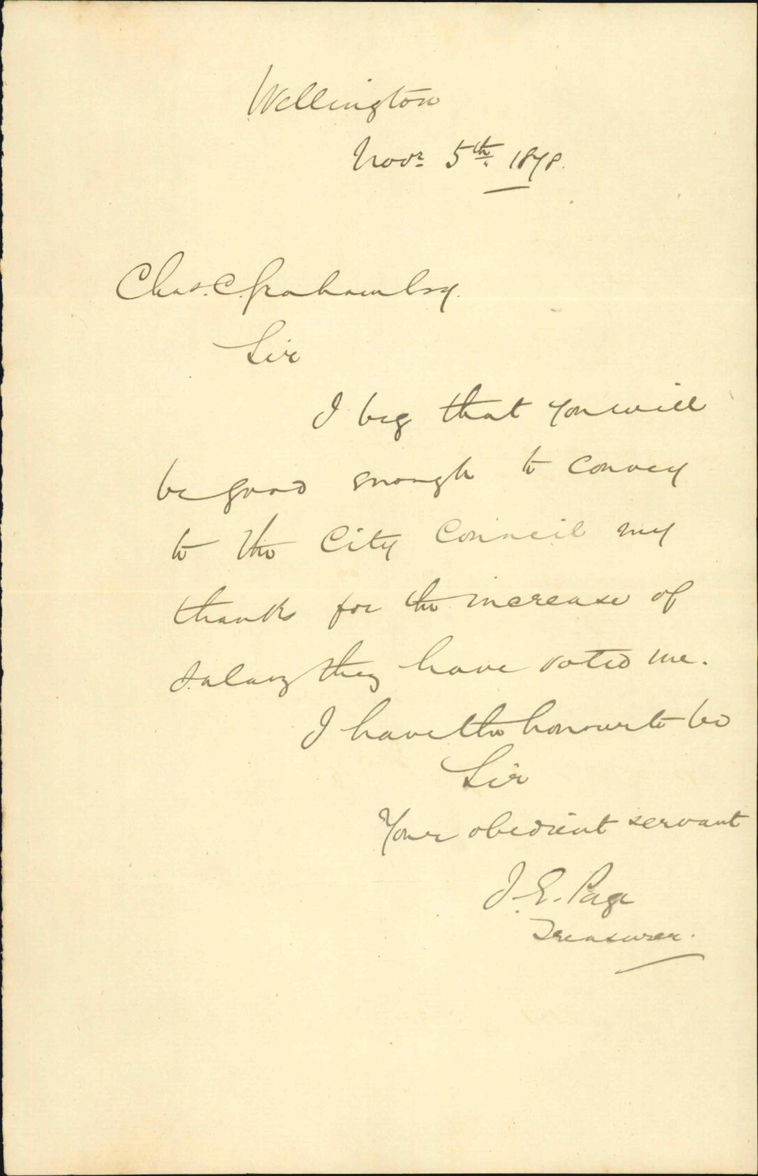 Re thanking Council for increase in salary - J E Page