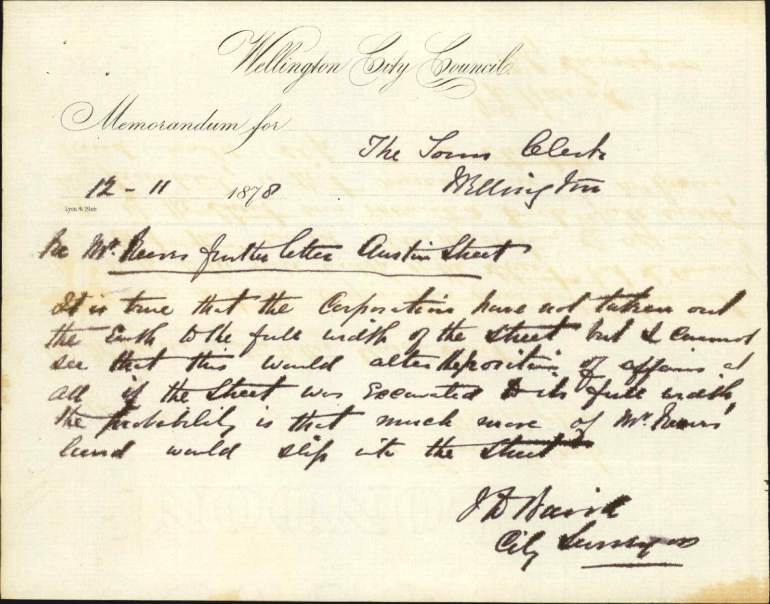 Re memo to Town Clerk re Mr Reeves further letter re claim, Austin Street - J J Baird (City Surveyor)