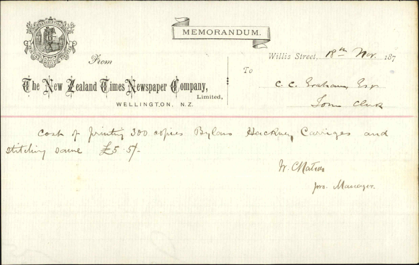 Re cost of printing Hackney Carriage Bylaws - Manager, New Zealand Times Newspaper Co