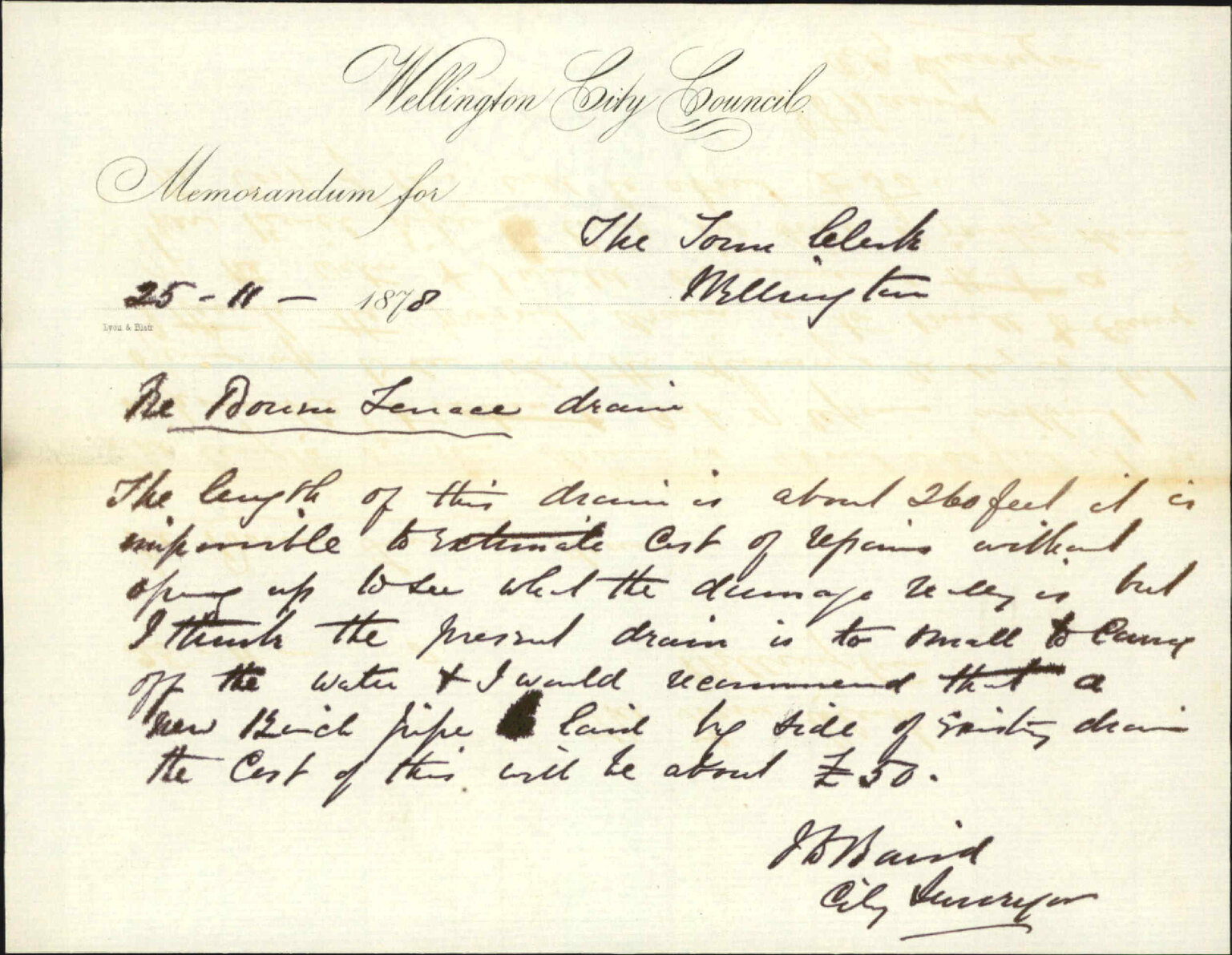 Re memo to Town Clerk re Bowen Terrace drain - J J Baird (City Surveyor)