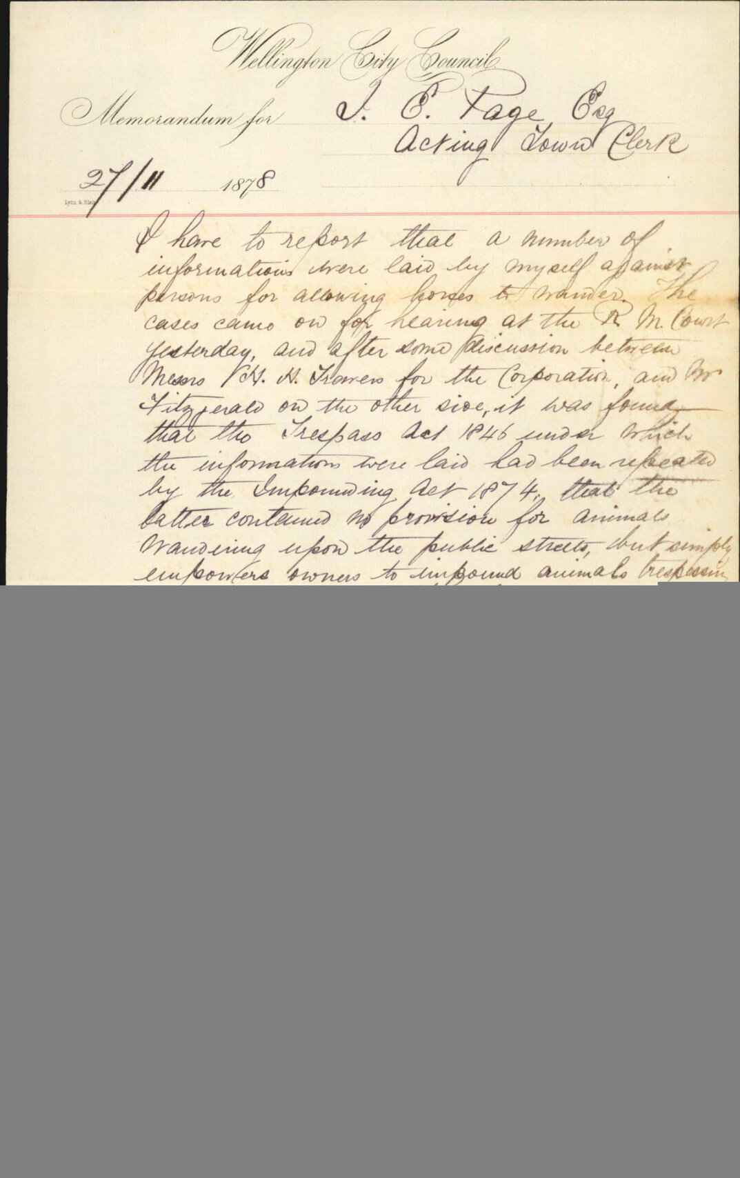 Memo to Acting Town Clerk re impounding cattle - Alfred Johnson (Inspector of Nuisances)