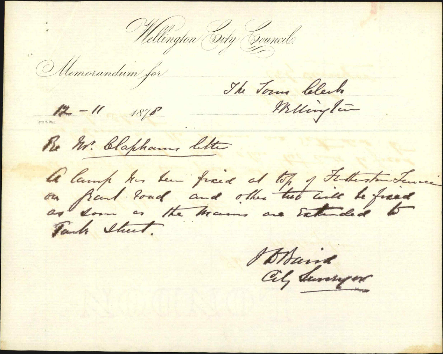 Memo to Town Clerk re Mr Clapham's letter, lighting Grant Road - J J Baird (City Surveyor)