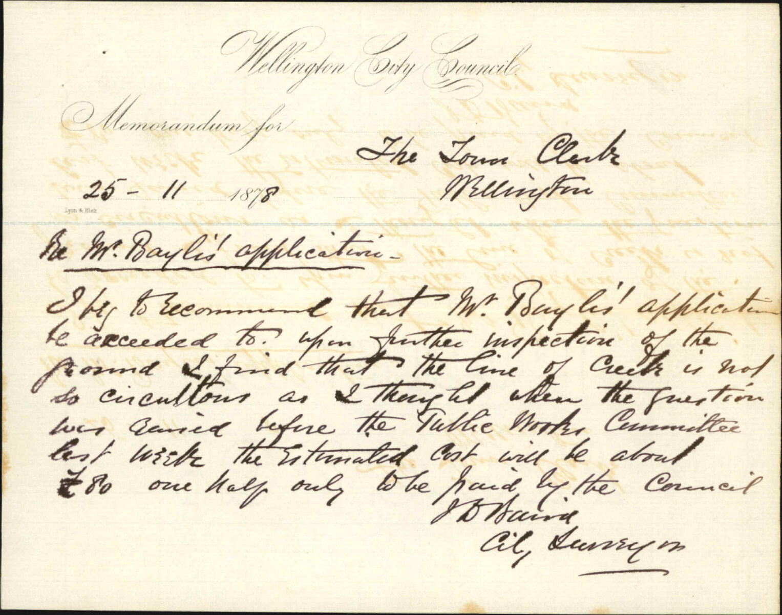 Re memo to Town Clerk re Mr Baylis' application - J J Baird (City Surveyor)
