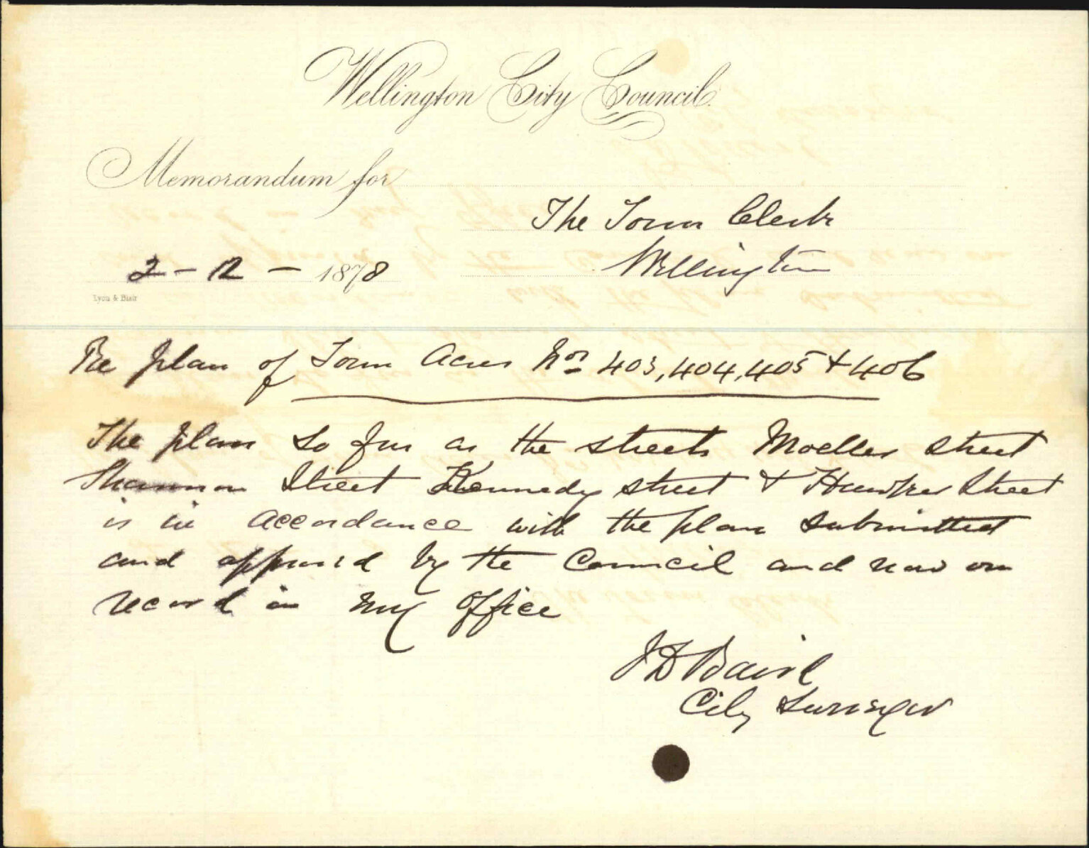 Memo to Town Clerk re plan of Town Acres 403-406 - J J Baird (City Surveyor)