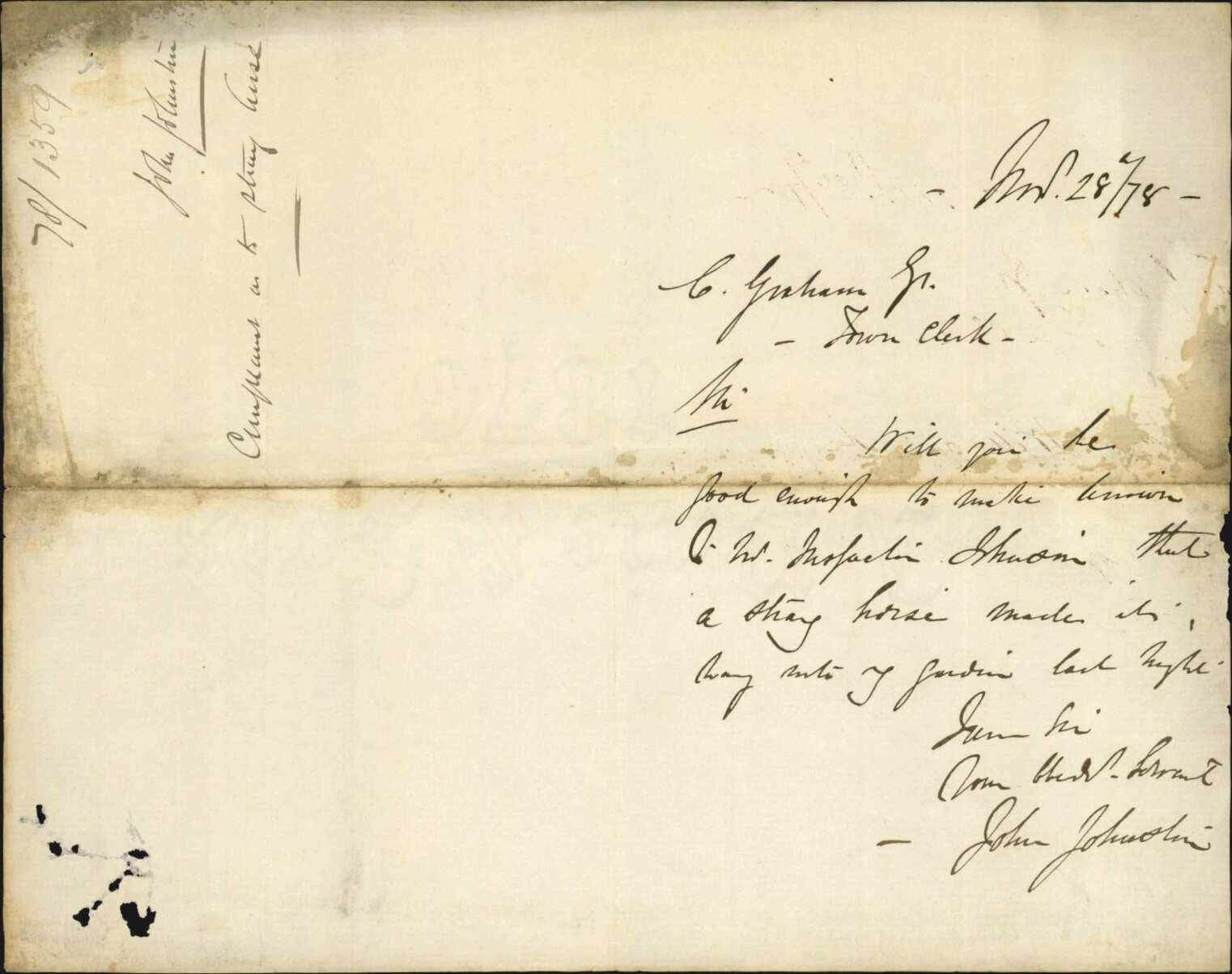 Complaint re stray horse - John Johnston