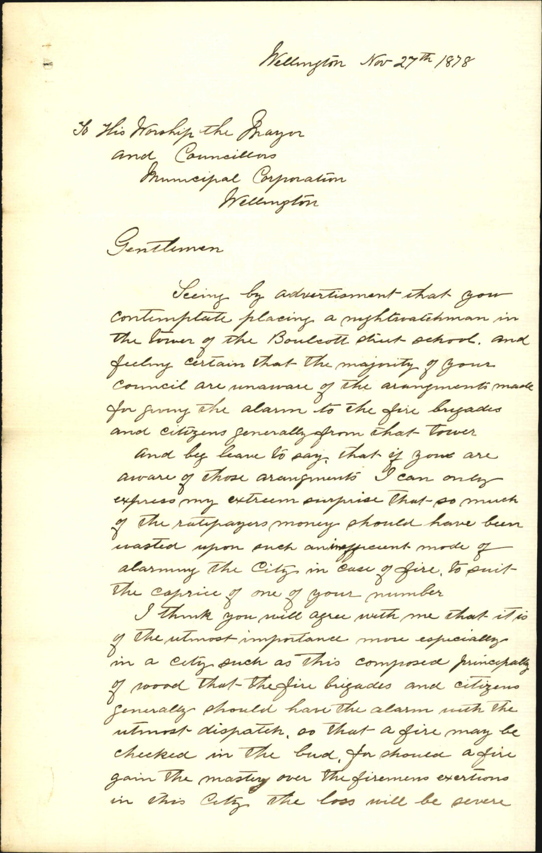 Proposal to place a nightwatchman in the tower of the Boulcott Street School - Superintendent, Wellington Volunteer Fire Brigade