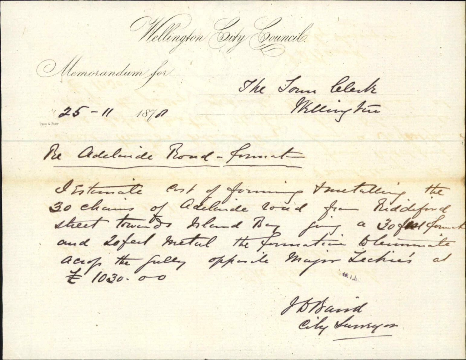 Memo to Town Clerk re Adelaide Road formation - J J Baird (City Surveyor)