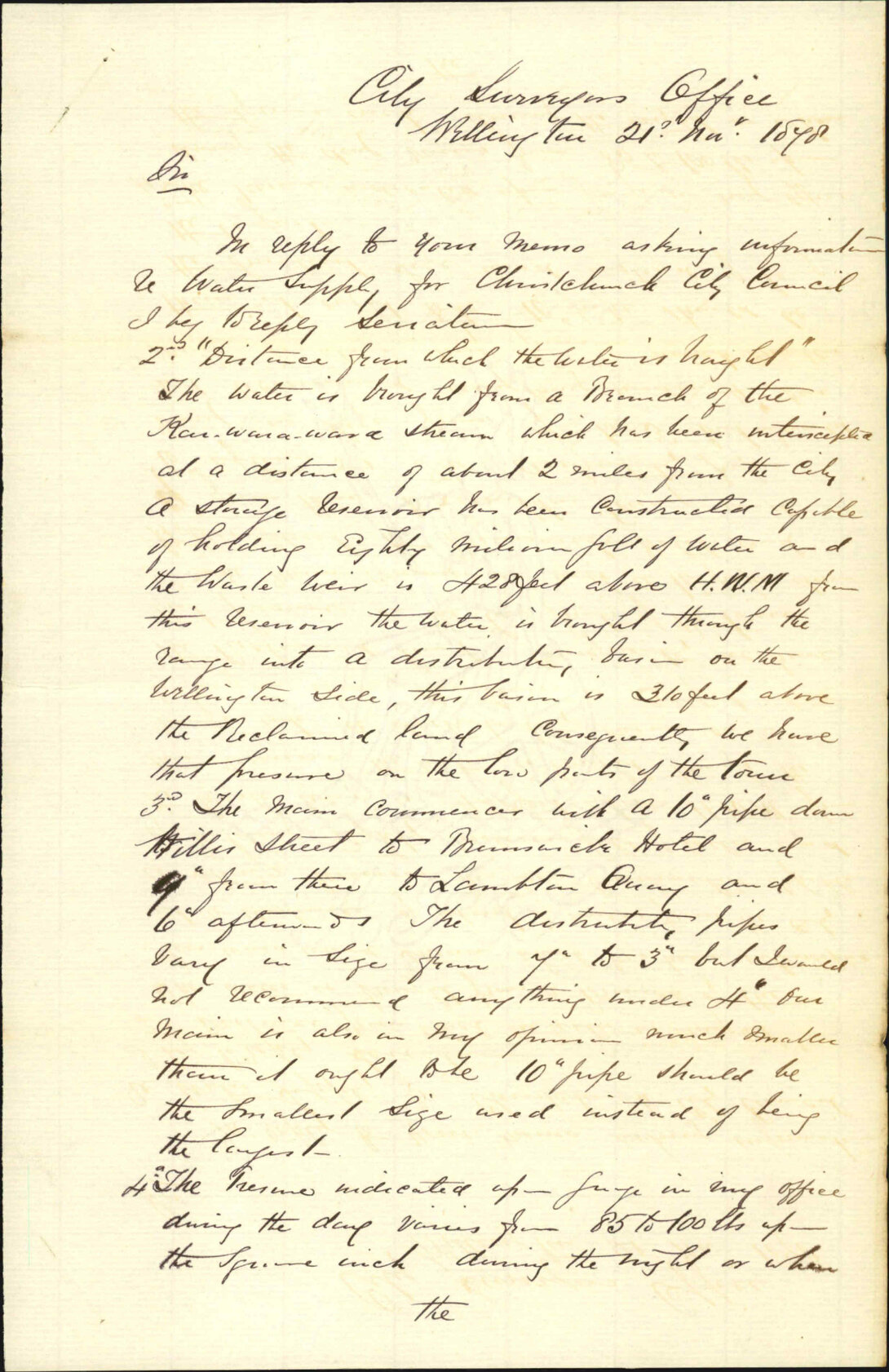 With particulars re water supply for Town Clerk, Christchurch - J J Baird (City Surveyor)