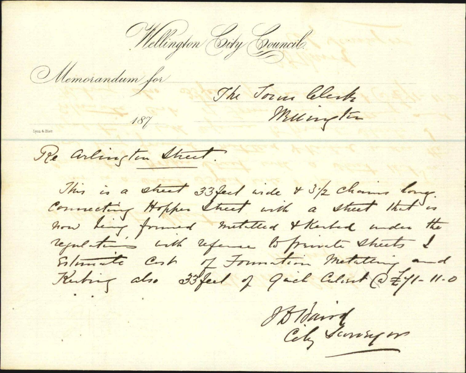 Memo to Town Clerk re Arlington Street - J J Baird (City Surveyor)