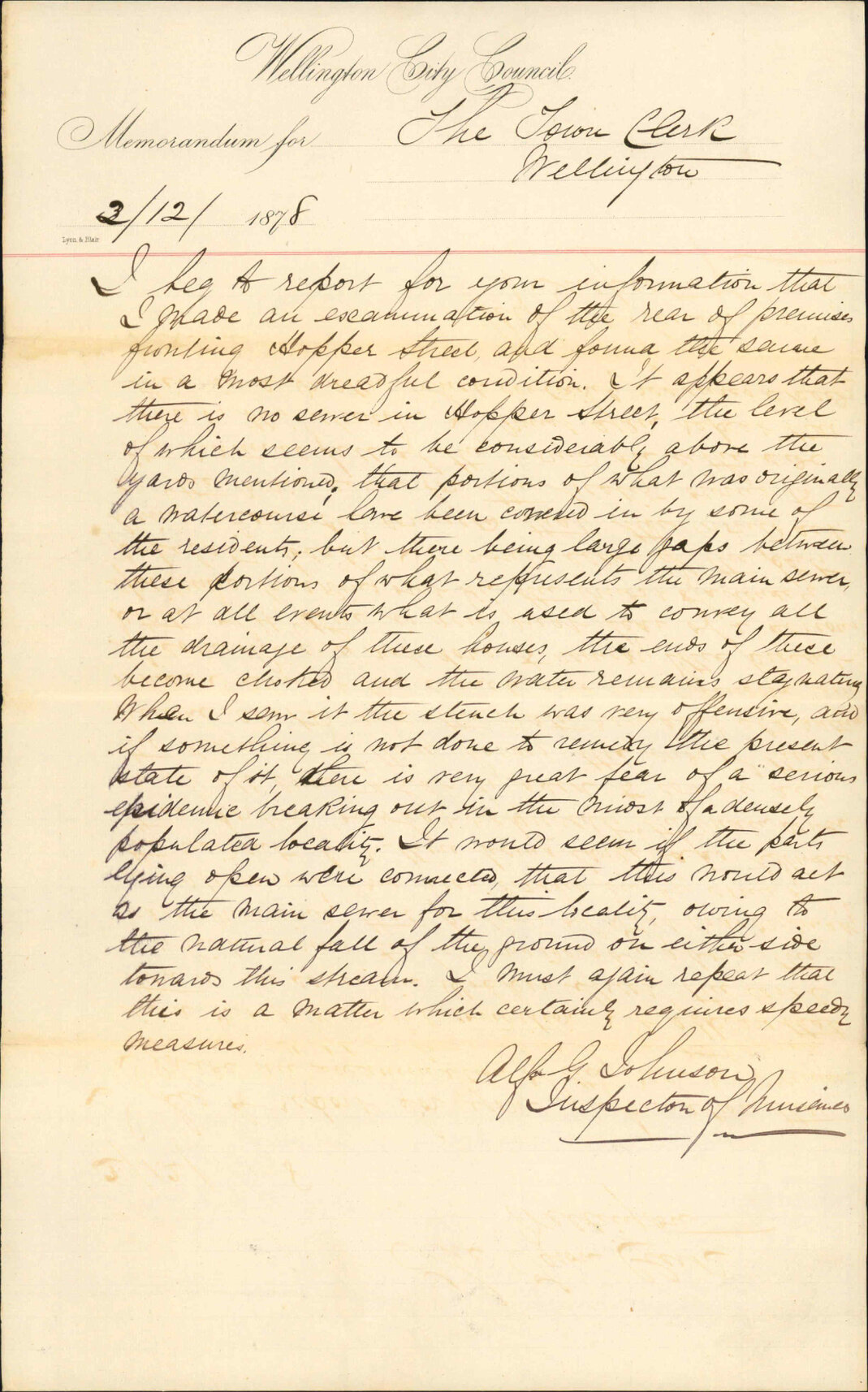 Re memo to Town Clerk re examination of rear of premises, Hopper Street - Alfred Johnson (Inspector Nuisances)